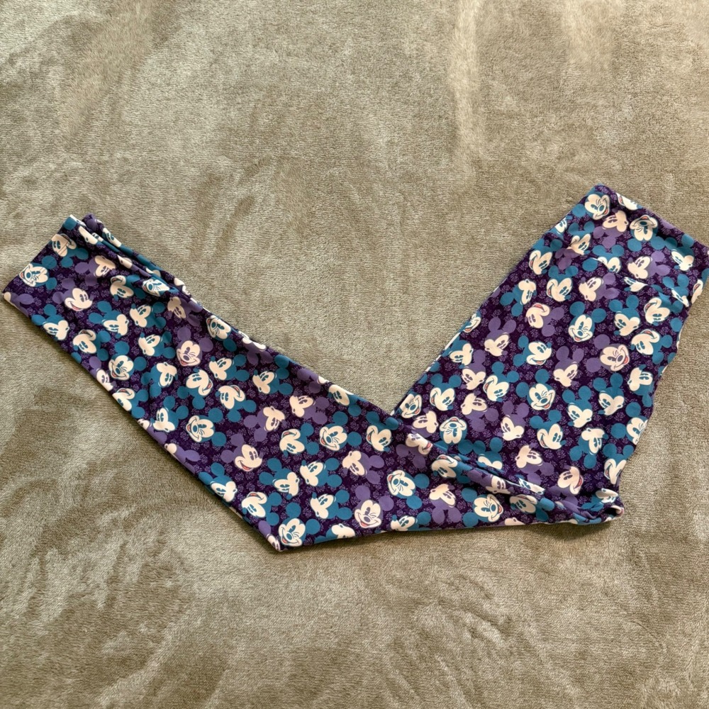 LuLaRoe Disney Mickey Mouse Leggings Purple Teal Floral OS One Size Womens